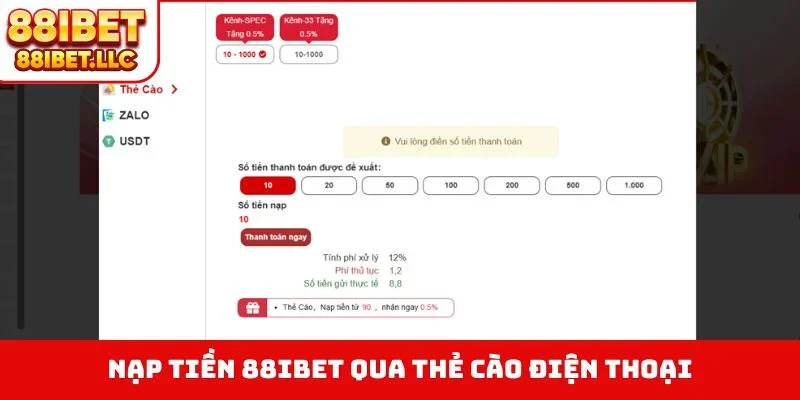 Nạp tiền 88IBET qua thẻ cào điện thoại